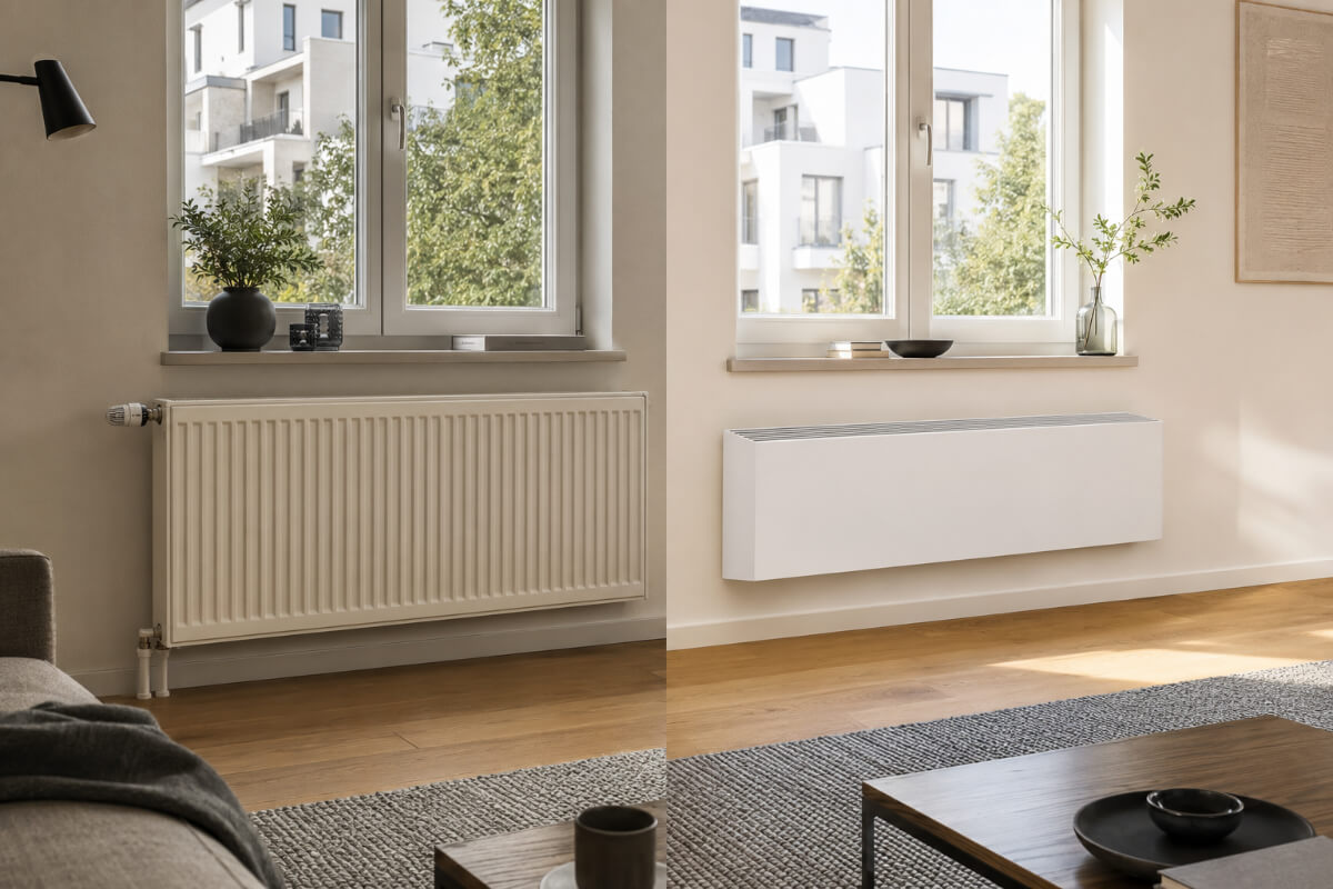 Wandkonvektor Minib Alter Heizkörper links, moderner Wandkonvektor rechts