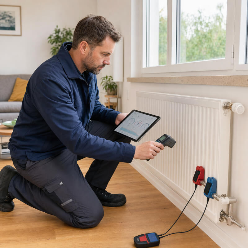 Wandkonvektor Minib Fachmann prüft Heizkörper und Systemtemperaturen